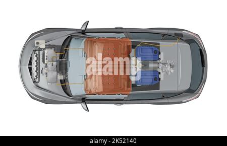 Elektrische generische Auto technische Cutaway 3D Rendering mit allen wichtigsten Details der EV-System in Ghost-Effekt. Draufsicht auf weißem Hintergrund. Stockfoto