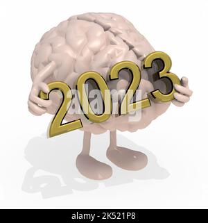 Gehirn mit Armen, Beinen und der Aufschrift 3D 2023, 3D Abbildung Stockfoto