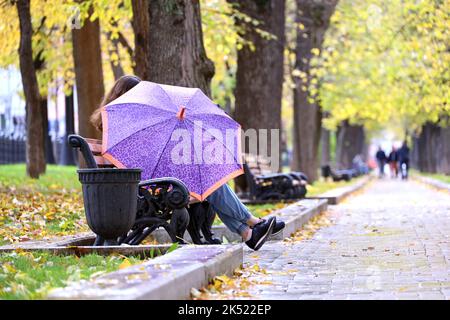 Regen in der Herbstsaison, Mädchen mit Regenschirm sitzt auf einer Bank im Stadtpark Stockfoto