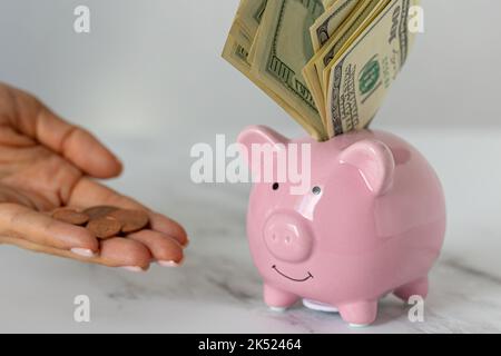 Nahaufnahme eines Sparschweines mit Dollars und einer Frau, die Euromünzen auf dem Bürotisch ausstreut. Wirtschaft, Krise und Inflation. Kostenmanagement Stockfoto