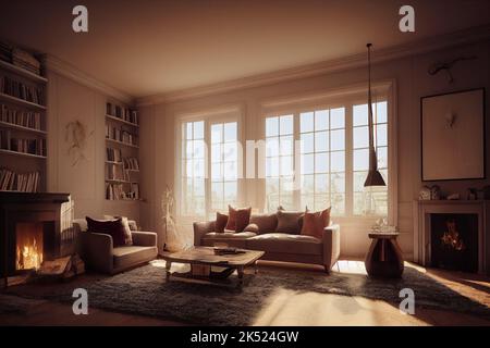 Ein 3D Rendering eines Wohnzimmers mit einer gemütlichen Atmosphäre und Dekoration Stockfoto