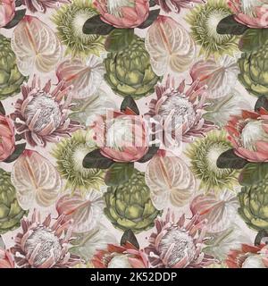 Protea Nahtloses Muster. Aquarell realistische Blüten von protea und Anthurium. Illustration Tapete. Stoffdruck Stockfoto