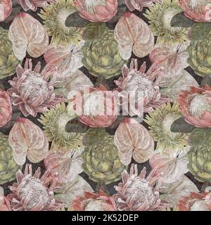 Protea Nahtloses Muster. Aquarell realistische Blüten von protea und Anthurium. Illustration Tapete. Stoffdruck Stockfoto
