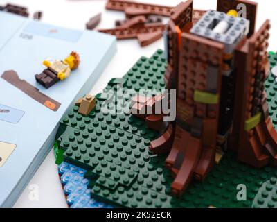 Tambow, Russische Föderation - 21. Juni 2022 Lego-Set mit einem großen Baum, der in der Nähe eines Lehrbuches, eines Stapels von Lego-Stücken und einer Minifigur gebaut wird Stockfoto