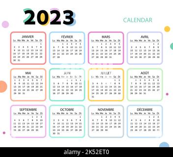 Taschenkalender auf 2023 Jahr, Französisch. regenbogen horizontaler Kalender. Die Woche beginnt ab Montag. Vektorvorlage für Unternehmen. Stock Vektor