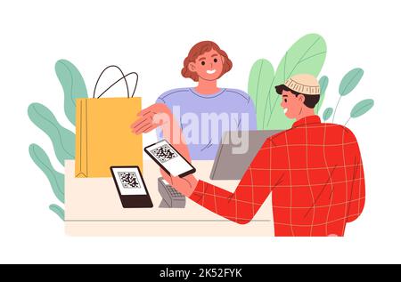 Mann scannt QR-Code an der Kasse im Geschäft. Stock Vektor