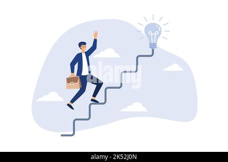 Kreativität für Geschäftsidee, Denken und Brainstorming für neue Idee oder Gelegenheit, Karriereweg oder Zielerreichung, Unternehmer zu Fuß auf elect Stock Vektor
