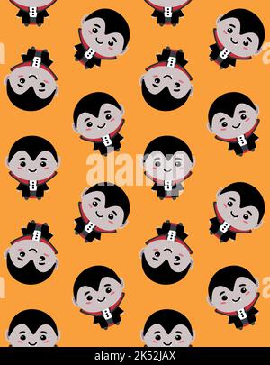 Vektor nahtloses Muster von flachen niedlichen Vampir isoliert auf orangefarbenem Hintergrund Stock Vektor