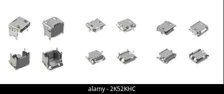 Micro-USB-Anschlüsse, Ansicht von vier Seiten, auf weißem Hintergrund isoliert, Collage Stockfoto