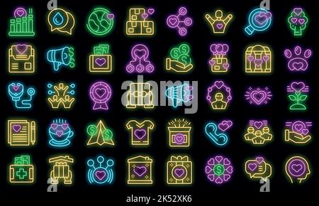Symbole für Großzügigkeit legen einen Umrissvektor fest. Spenden Sie Essen. Charity Volunteer Vektor Neon Stock Vektor