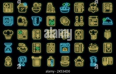 Symbole für Rezeptbücher legen den Umrissvektor fest. Kochbuchbibliothek. Essen Buch Vektor Neon Stock Vektor