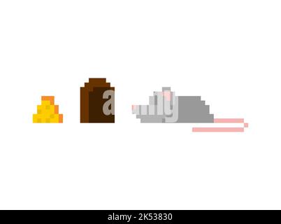 Pixel Art Maus und Käse und Bau Set. 8-Bit-Vektorgrafik Stock Vektor