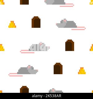 Pixel Art Maus- und Käsemuster nahtlos. 8 Bit Baby Stoffstruktur Stock Vektor