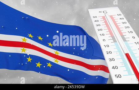 Winter in Cabo Verde mit starker Kälte, negativen Temperaturen, Kalte Jahreszeit in Cabo Verde, grausamsten kältesten Wetter in Cabo Verde, Flagge Cabo Verde mit t Stockfoto