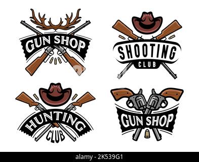 Waffenladen, Jagdclub-Abzeichen oder -Logo. Pistole, Shotgun-Symbolsatz. Shooting Club Emblem Vektor-Illustration Stock Vektor