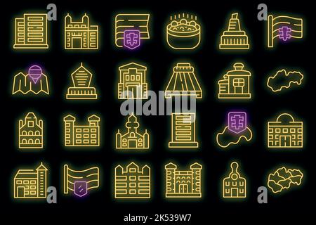 Symbole in der Slowakei legen einen Umrissvektor fest. Land der Stadt. Kultur Burg Vektor Neon Stock Vektor