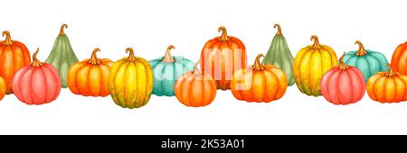 Horizontale nahtlose Grenze mit bunten Kürbissen. Aquarell Herbst Zusammensetzung. Herbstdesign für Halloween, Erntedankfest, Herbst Stockfoto