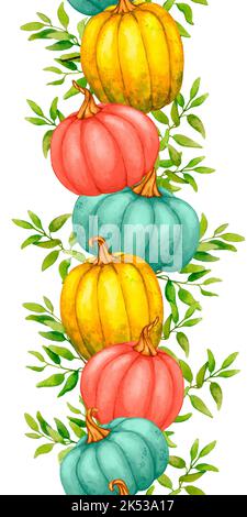 Vertikale nahtlose Grenze mit Kürbissen und Laub. Aquarell Clip Art. Herbstdesign für Halloween, Thanksgiving, Erntefest, Herbstdesign el Stockfoto