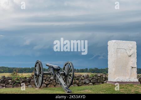 Denkmal für die 1. Massachusetts Sharp Shooters, Gettysburg National Military Park, Pennsylvania USA, Gettysburg, Pennsylvania Stockfoto