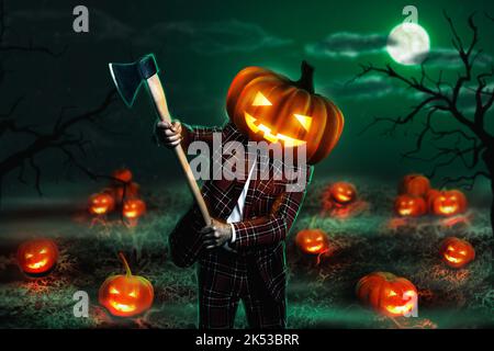 Kreative 3D Collage Kunstwerk Postkarte Poster Skizze des wütenden Lagerhaus Killer Nachfrage Trick or Treat isoliert auf Malgrund Stockfoto