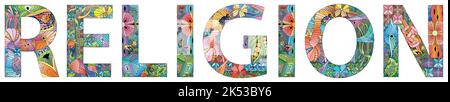 Handgemaltes Kunstdesign. Handgezeichnete Illustration Wort RELIGION für T-Shirt und andere Dekoration Stock Vektor