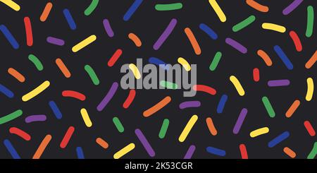 Niedliche abstrakte horizontale Hintergrund mit regenbogenfarbenen dekorativen Streuseln. Bunte Konfetti auf schwarzem Hintergrund. Pop-Art-Texturen Stock Vektor