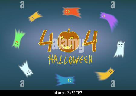 Halloween Kürbis mit der Nummer 404 und fliegenden Geistern. Stock Vektor