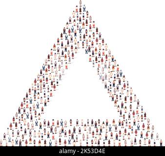 Große Gruppe von Menschen Silhouette gedrängt zusammen in Dreiecksform isoliert auf weißem Hintergrund. Vektorgrafik Stock Vektor