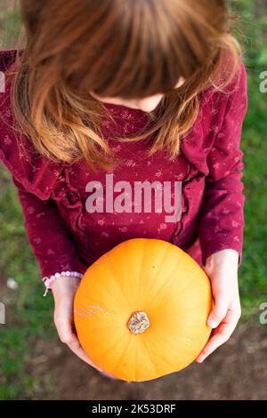 Kaukasisches Mädchen mit violettem Hemd, das einen kleinen halloween-Kürbis hält. Hohe Ansicht. Stockfoto