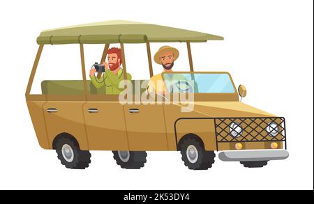 Menschen in Safari-Tour-Auto, Reisende fahren Auto Fahrzeug isoliert Vektor-Illustration Stock Vektor