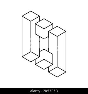 Symbol für geometrische Formlinie nicht möglich. Würfel und Rechtecke in 3D-Perspektive. Optische Täuschung, visueller Effekt, Gedankentrick. Objektvektor Esher penrose Stock Vektor