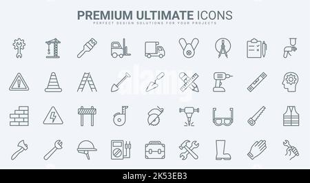 Mechanische Werkzeuge und Industrieanlagen dünne Linien Symbole setzen Vektor-Illustration. Skizzieren Sie Instrumente von der Werkzeugkiste bis zur Messung und Reparatur, fixieren Sie Werkzeuge für die Arbeit, bautechnische Symbole Stock Vektor