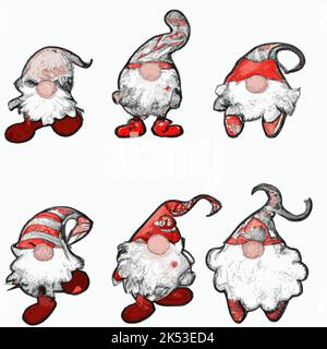 Lustige Zwerg-Weihnachtsmann-Figuren mit verschiedenen Hüten, isoliert auf einem leeren weißen Hintergrund Stock Vektor