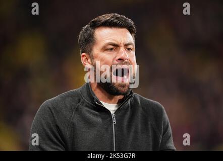 Russell Martin, Manager von Swansea City, beim Sky Bet Championship-Spiel in der Vicarage Road, Watford. Bilddatum: Mittwoch, 5. Oktober 2022. Stockfoto