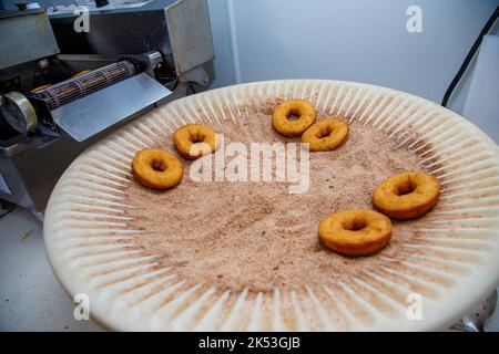 Rogers Family Orchard, Johnstown, Fulton County, New York: Die Herstellung von Apfelmost-Donuts ist eine herbstliche Tradition im Bundesstaat New York. Stockfoto
