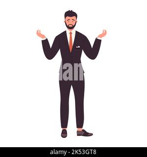 Verwirrter, stehender Geschäftsmann. Verblüffter Manager mit Vektorgrafik mit erhöhten Händen Stock Vektor