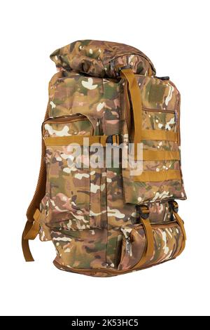 Camouflage Rucksack für den Wald und Militär Rucksack isoliert n weiß Stockfoto