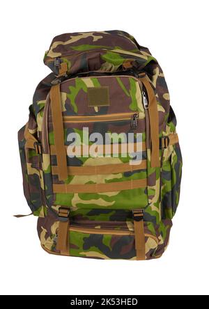 Camouflage Rucksack für den Wald und Militär Rucksack isoliert n weiß Stockfoto