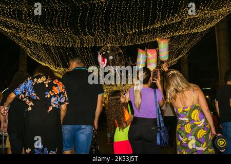 Menschen, die die Weihnachtslichter im Praça da Liberdade in Belo Horizonte, Minas Gerais, Brasilien, fotografieren. Stockfoto