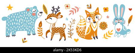 Horisontale Grußkarte mit niedlichen isolierten Tier Hirsch, Bär, Fuchs, Kaninchen, Blätter und Blumen Vektor-Illustration. Weißer Hintergrund. Für den Druck, fabri Stock Vektor