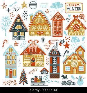 Set von niedlichen isolierten Lebkuchenhäuser mit schneebedeckten Dächern und weihnachten Elemente Vektor-Illustration. Winterhintergrund. Zur Begrüßung von weihnachtskarten, Stock Vektor