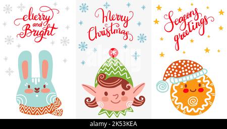 Set von vertikalen weihnachtskarten mit niedlichen Kaninchen, santas Elf und Lebkuchen Mann Vektor-Illustration. Weihnachtsschriftzug. Für Druck, Design, Stoff, Stock Vektor