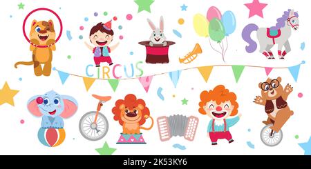 Set von Cartoon glückliche Künstler, lustige Darsteller Tiere und Dekoration im Vergnügungspark oder Zirkus. Jongleur, Clown, Elefant auf Ball, Bär auf dem Fahrrad, Löwe auf der Bühne, Kaninchen im Zauberhut zeigen Karneval. Stock Vektor