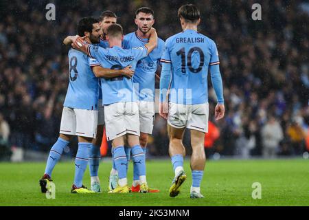 Manchester, Großbritannien. 05. Oktober 2022. Manchester City feiert während des UEFA Champions League-Spiels zwischen Manchester City und F.C. Kopenhagen im Etihad Stadium, Manchester, England am 5. Oktober 2022. Foto von Ben Wright. Nur zur redaktionellen Verwendung, Lizenz für kommerzielle Nutzung erforderlich. Keine Verwendung bei Wetten, Spielen oder Veröffentlichungen einzelner Clubs/Vereine/Spieler. Kredit: UK Sports Pics Ltd/Alamy Live Nachrichten Stockfoto