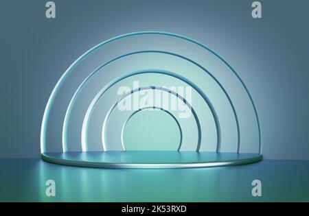 Schöner hellgrüner Hintergrund mit Sockel und Vitrine. 3D Rendering, 3D Illustration. Stockfoto