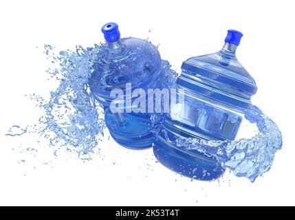 Große Wasserflaschen im Wasser spritzen isoliert auf weißem Hintergrund. 3D Rendern. Stockfoto