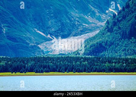 Blick auf Chilkat Inlet, Davidson Glacier & Glacier Bay National Park & Preserve von Moose Meadow; Chilkat State Park; Haines; Alaska; USA Stockfoto