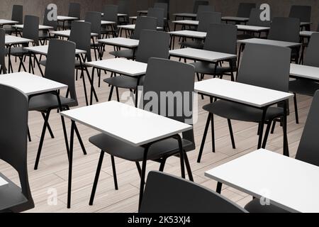 Reihen von Schreibtischen und Stühlen in einem Schulungsraum für Erwachsene. Illustration des Konzepts der lebenslangen Lernerziehung Stockfoto