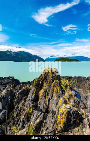 Blick auf den Chilkat Inlet & Glacier Bay National Park & Preserve von Moose Meadow; Chilkat State Park; Haines; Alaska; USA Stockfoto