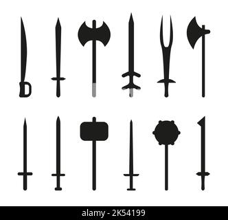 Waffe alten schwarzen Silhouette flach Symbol Set. Mittelalterliche Probe des Schwertes. Kriegssammlung mit Axt und Keule. Beil mit langem Griff. Antikes Militärdesign. Scharfe Klinge uralt. Altes einfaches Schild Stock Vektor